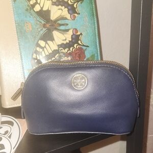Tory Burch Dark Blue Cosmetic Pouch with Gold Accent